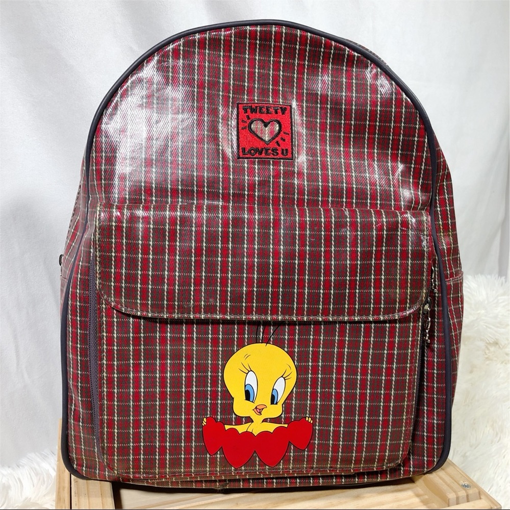 Vintage y2k 1999 Red Plaid Vinyl Coated Tweety Bird Looney Tunes Backpack EUC